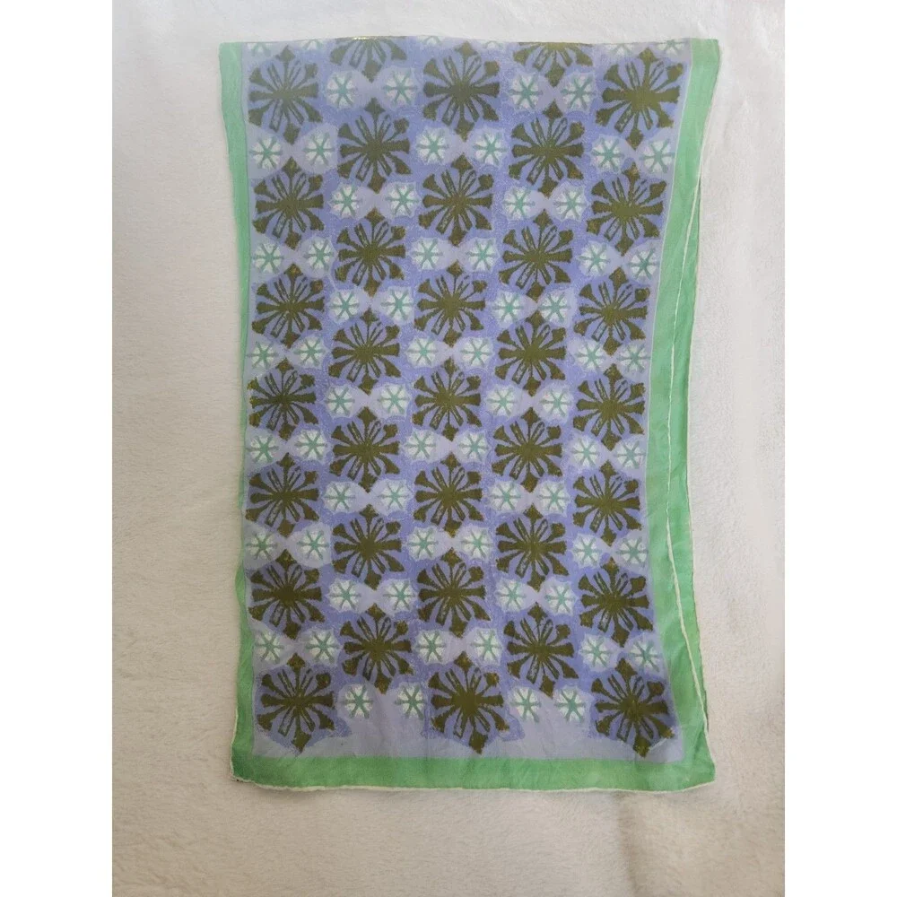 Vintage Vera Neumann Silk Scarf HandRolled Green Blue 60-70's Flower Geo Design